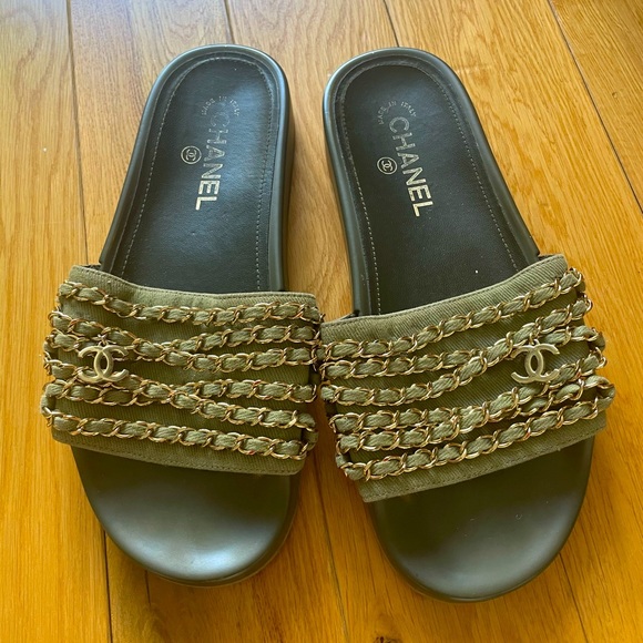 Chanel tropiconic chain slide. Khaki canvas size 37. - Picture 1 of 4